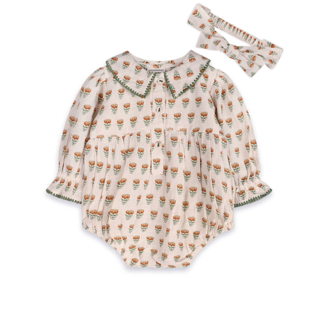 Block Print Floral Baby Romper & Headband