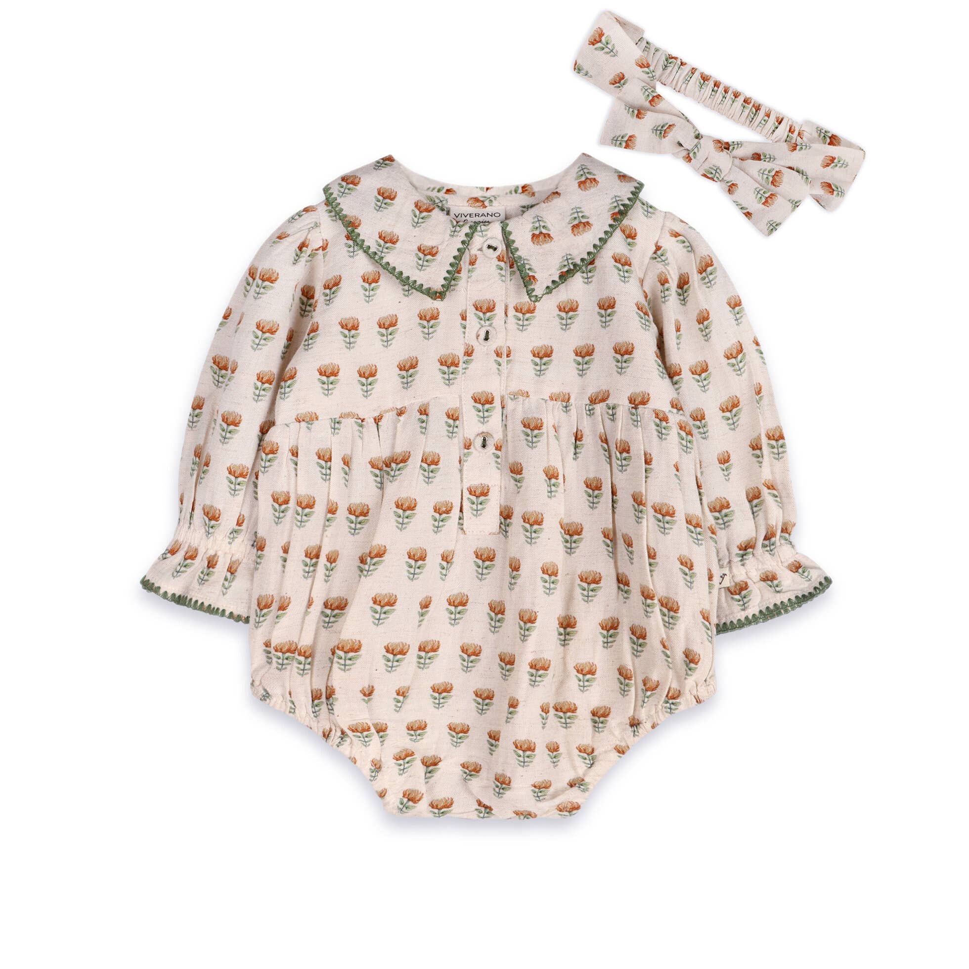 Block Print Floral Baby Romper & Headband